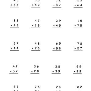 以下が含まれることがあります： 足し算の問題が書かれた白黒のワークシートです。「TO + TO Sheet 1」というタイトルが上部にあります。ワークシートには、2桁の数字を使った足し算の問題が含まれています。下部には、20点満点のスコアを記入するスペースがあります。