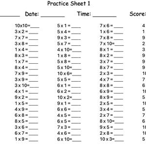 Pode incluir: Uma folha de exercícios de matemática em preto e branco intitulada Practice Sheet 1 com campos para nome, data, hora e pontuação de 100. O documento contém cinco colunas de multiplicações com linhas em branco para as respostas de cada equação.