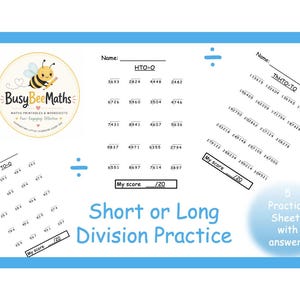 Può includere: Fogli di lavoro bianchi con problemi di divisione, con il testo "Short or Long Division Practice". Include un logo con un'ape e il testo "Busy Bee Maths".