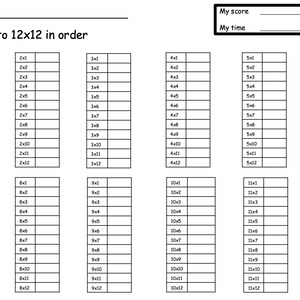 May include: A black and white multiplication table worksheet, labeled "All tables to 12x12 in order." Includes spaces for the student's name, score, and time. The worksheet is designed for practicing multiplication facts.