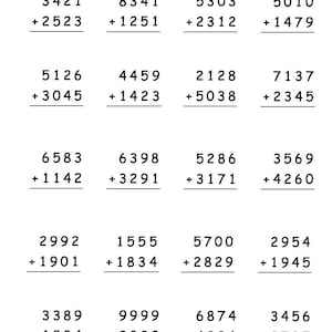 May include: A white worksheet featuring addition sums. The title reads "ThHTO + ThHTO Sheet 1". The sheet contains multiple addition calculations using four-digit numbers. A space for a score out of 20 is at the bottom.