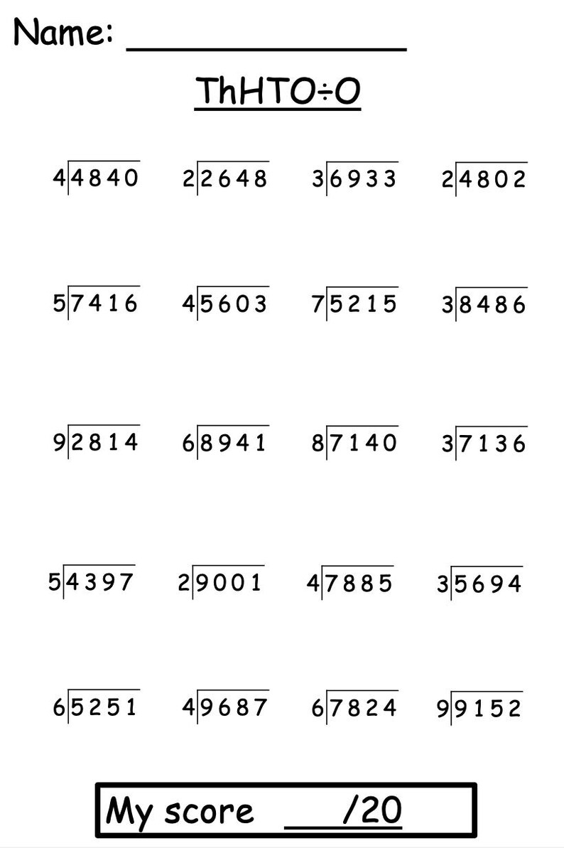 Op de afbeelding: Een wit werkblad met deelsommen. De titel luidt "ThHTO&divide;O". Het werkblad bevat 16 deelsommen met ruimte voor een naam en een score van 20.