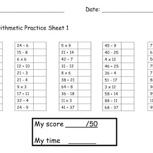 May include: A black and white mental arithmetic practice sheet with the title "Mental Arithmetic Practice Sheet 1". The sheet includes math problems for practice, with spaces for the name, date, score, and time.