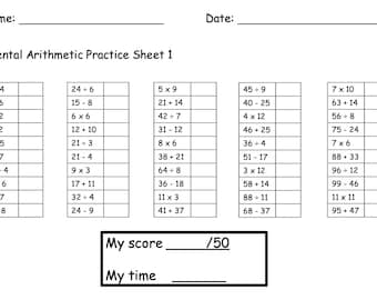 10 Printable Mental Arithmetic timed practice sheets math drills