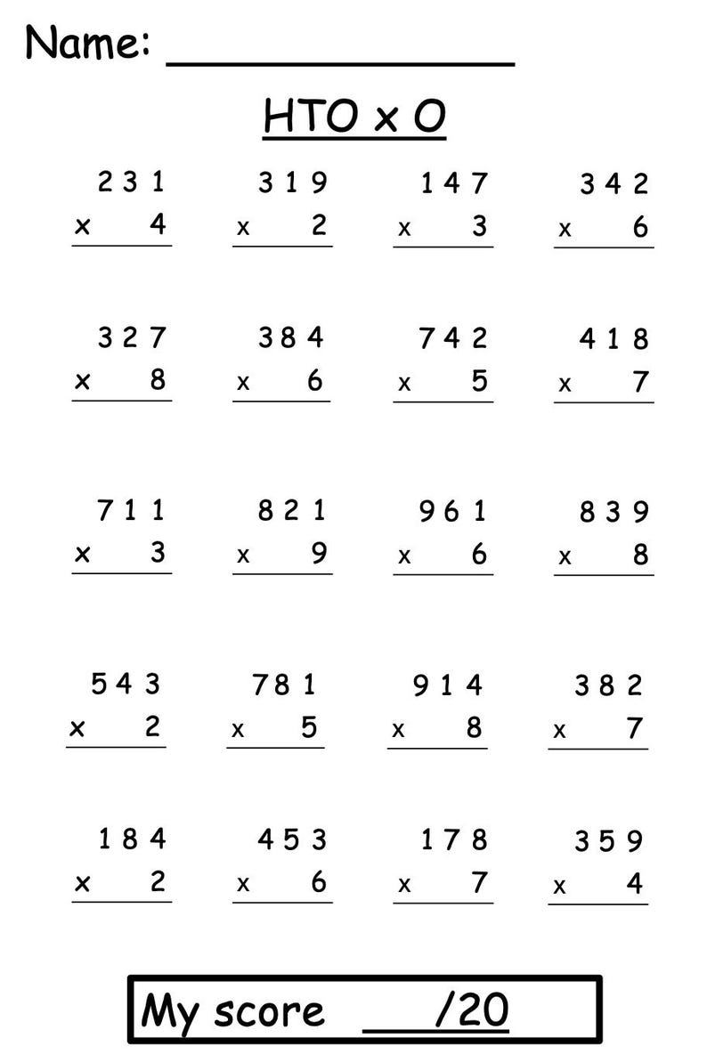 Op de afbeelding: Een zwart-wit werkblad met vermenigvuldigingssommen. Het werkblad bevat de titel "HTO x O" en een ruimte voor de naam van de leerling. De onderkant van het werkblad heeft een ruimte om de score van 20 in te vullen.