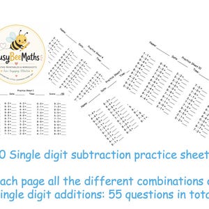 May include: Ten single-digit subtraction practice sheets featuring the BusyBeeMaths logo with a bee illustration. Each page includes fifty-five math problems with blank lines for name, date, time, and score. The text reads 10 Single digit subtraction practice sheets. Each page all the different combinations of single digit additions: 55 questions in total!