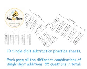 10 single digit subtraction printables | 55 subtractions each page