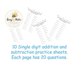10 single digit addition and subtraction printables | 20 questions per page (PDF download)