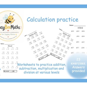 Puede incluir: Un conjunto de hojas de trabajo con marco azul para practicar el cálculo, con el logotipo de Busy Bee Maths. Las hojas de trabajo incluyen problemas de suma, resta, multiplicación y división, con respuestas. El texto dice "Calculation practice".