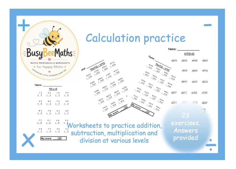 Op de afbeelding: Een blauw omkaderde set werkbladen voor rekenoefeningen, met het Busy Bee Maths-logo. De werkbladen bevatten optel-, aftrek-, vermenigvuldigings- en deelsommen, met antwoorden. De tekst luidt "Calculation practice".