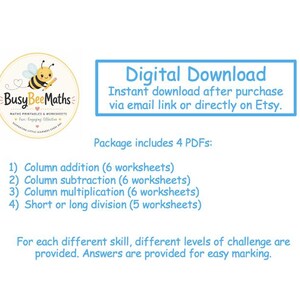 Op de afbeelding: Digitale download van wiskundewoordensheets van Busy Bee Maths. Het pakket bevat 4 PDF's met optellen, aftrekken, vermenigvuldigen en delen. Werkbladen bieden verschillende moeilijkheidsgraden, met antwoorden.