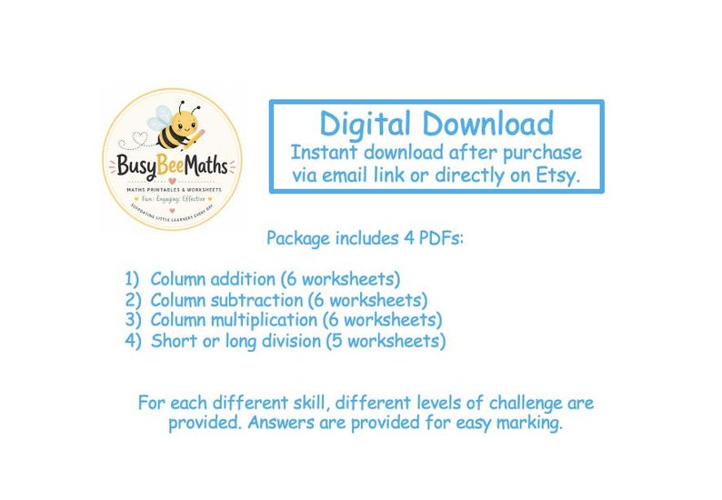 Op de afbeelding: Digitale download van wiskundewoordensheets van Busy Bee Maths. Het pakket bevat 4 PDF's met optellen, aftrekken, vermenigvuldigen en delen. Werkbladen bieden verschillende moeilijkheidsgraden, met antwoorden.