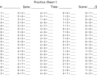 10 single digit addition printables | 100 additions each page
