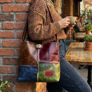 Boho Patchwork handgefertigte Umhängetasche aus Vollnarbenleder - Alltagstasche mit großer Kapazität