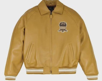 Men's Avirex Yellow Bomber Timberland x jacket Genuine Cowhide Leather Jacket