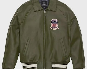 Herren Avirex Olivgrüne Leder Bomberjacke American Flight Style