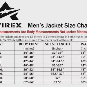 May include: A size chart for Avirex jackets, with measurements in inches for body chest, sleeve length, and waist. The chart includes sizes S to 5XL, with corresponding measurements for each size. The Avirex logo is at the top.