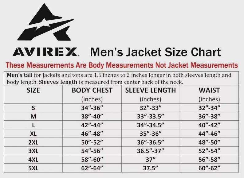 May include: A size chart for Avirex jackets, with measurements in inches for body chest, sleeve length, and waist. The chart includes sizes S to 5XL, with corresponding measurements for each size. The Avirex logo is at the top.