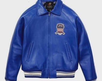 Herren Avirex Blue Real Bomber American Fliegerjacke Kunstlederjacke für Herren