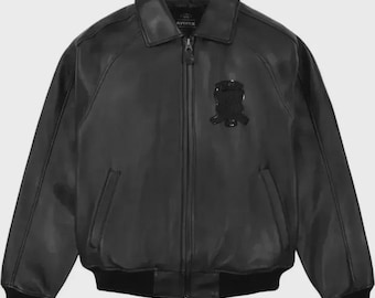 Men's Avirex Black Leather Bomber Jacket American Varsity Biker Jacket