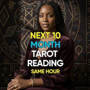 May include: A woman with braided hair is centered in a photo, wearing a burgundy velvet top. Text overlay reads "NEXT 10 MONTH TAROT READING SAME HOUR" in yellow and blue. The background features a patterned tapestry.