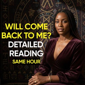 Könnte beinhalten: Eine Frau in einem bordeauxfarbenen Samtkleid mit Goldschmuck. Das Bild enthält den Text: "WILL COME BACK TO ME? DETAILED READING SAME HOUR" in gelber und weißer Schrift. Der Hintergrund zeigt einen gemusterten Wandteppich.