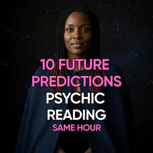 Può includere: Una donna con i capelli intrecciati è centrata di fronte a uno sfondo scuro con un motivo di costellazioni. La sovrapposizione di testo recita "10 FUTURE PREDICTIONS PSYCHIC READING SAME HOUR" in rosa e bianco.