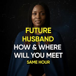 May include: A woman with braided hair is centered in front of a dark background with constellations. The text "FUTURE HUSBAND HOW & WHERE WILL YOU MEET SAME HOUR" is overlaid in yellow and white.
