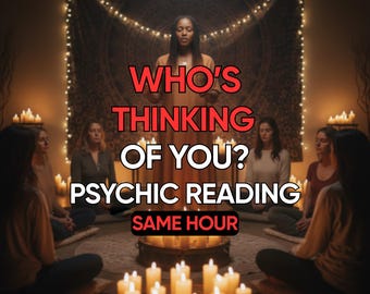 May include: An image promoting a psychic reading. The text reads "Who's Thinking of You? Psychic Reading Same Hour." A woman stands in front of a tapestry, surrounded by others. Lit candles and string lights create a warm atmosphere.