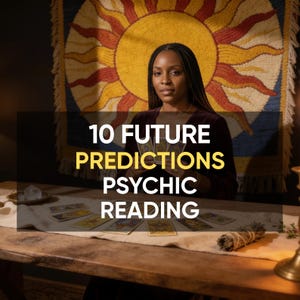 May include: A person with braided hair sits at a wooden table with tarot cards spread out, featuring the text 10 FUTURE PREDICTIONS PSYCHIC READING. A large yellow and orange sun tapestry hangs in the background, with a sage bundle on the table.