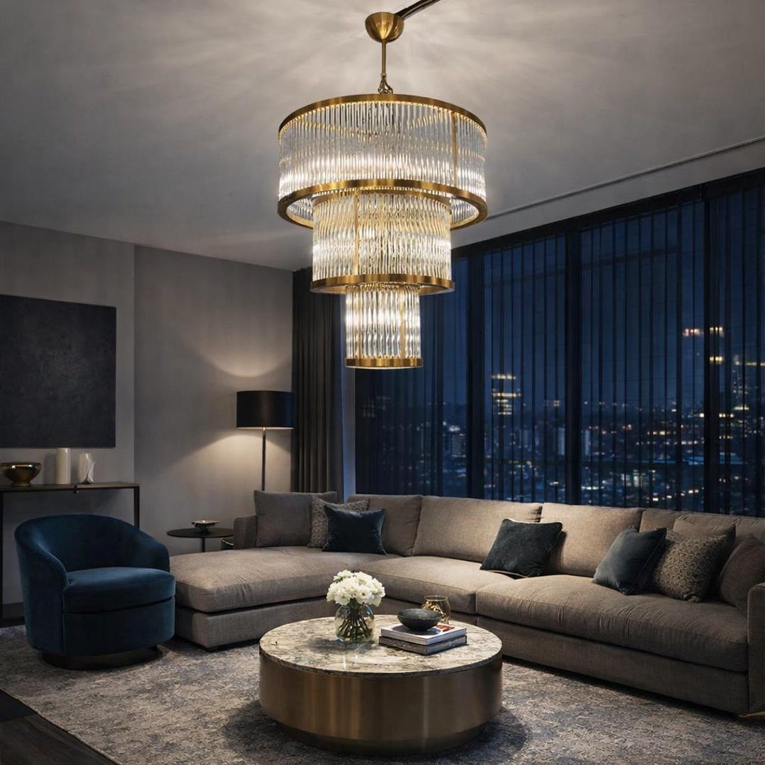 Modern Crystal Chandelier Gold Tiered Glass Luxury Living Room Lighting ...