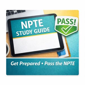 Puede incluir: Una tableta muestra "NPTE STUDY GUIDE" en turquesa y blanco. Una insignia verde y blanca con "PASS!" y una marca de verificación está al lado de la tableta. El texto "Get Prepared • Pass the NPTE" está en la parte inferior.