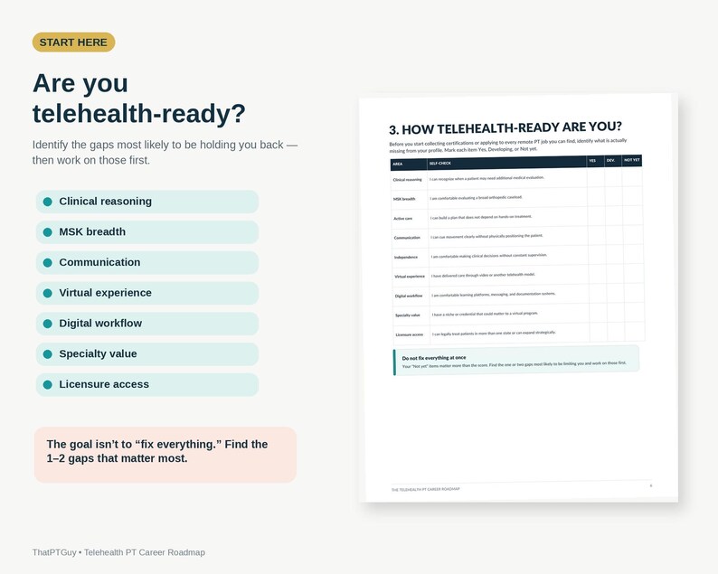 May include: A document titled Are you telehealth-ready? featuring a checklist for clinical reasoning, MSK breadth, communication, virtual experience, digital workflow, specialty value, and licensure access, with a table for self-assessment.