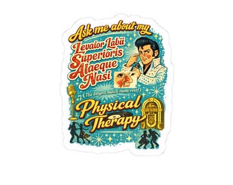 Puede incluir: Una pegatina con un diseño vintage que presenta a un hombre con un traje blanco, un micrófono y una gramola. El texto incluye "Ask me about my Levator Labii Superioris Alaeque Nasi" y "Physical Therapy."