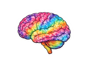 Puede incluir: Una colorida pegatina de cerebro con un patrón de teñido anudado en tonos de rosa, morado, azul, verde, amarillo y naranja. El cerebro se muestra de perfil, con un borde blanco, sobre un fondo blanco.