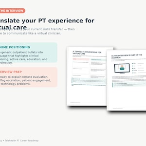 May include: A digital document titled Translate your PT experience for virtual care, featuring sections on resume positioning and interview prep. Two pages are displayed, showing text, a computer monitor icon, and bulleted lists for career guidance.
