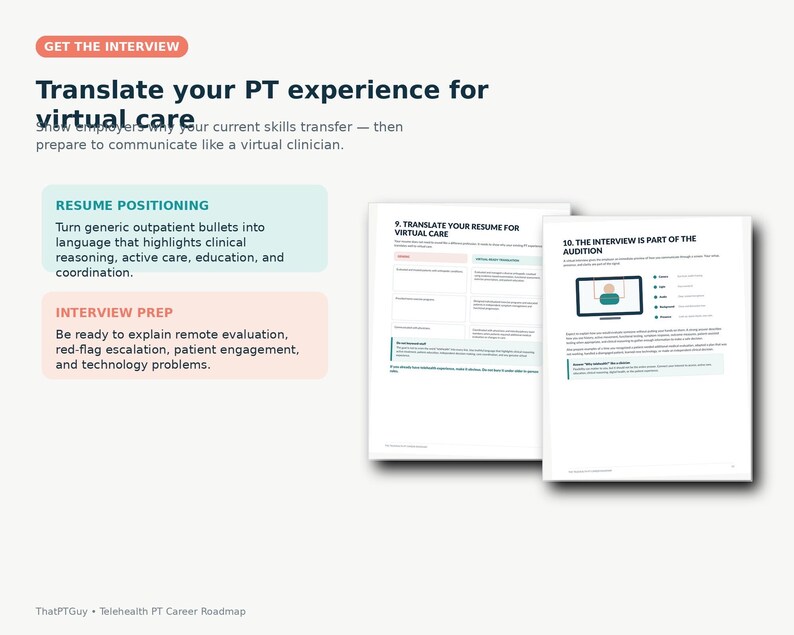 May include: A digital document titled Translate your PT experience for virtual care, featuring sections on resume positioning and interview prep. Two pages are displayed, showing text, a computer monitor icon, and bulleted lists for career guidance.
