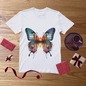 Puede incluir: Camiseta blanca con un diseño de mariposa. Las alas de la mariposa muestran una escena de bosque, complementada con detalles florales. La imagen incluye cajas de regalo y una taza de té sobre una superficie de madera.