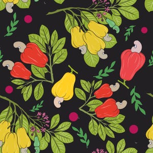 May include: A repeating pattern of cashew fruits and foliage on a black backdrop. The design showcases red and yellow cashew apples, green leaves, pink flowers, and cashew nuts. This pattern is suitable for textiles and other design applications.