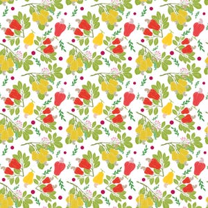 Puede incluir: Patrón repetitivo de frutos y hojas de anacardo sobre fondo blanco. El diseño presenta manzanas de anacardo amarillas y rojas con hojas verdes y pequeñas flores rosas. El patrón es una repetición sin costuras.