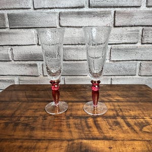 Set di 2 flûte da champagne vintage in vetro a bolle, colore rosso rubino
