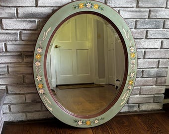 Hand Painted Floral Oval Wooden Mirror | Cottagecore Shabby Chic Wall Decor