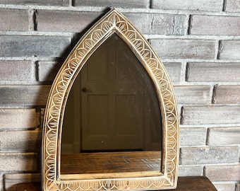 Gothic Arch Wood Mirror | Carved Cathedral Window Design, Whitewashed Finish
