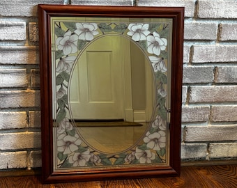 Vintage Wood Framed Magnolia Floral Mirror | Cottage Shabby Chic Wall Decor