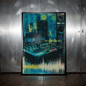 Collagekonsttryck med trummaskin 808 | Acid House Studio-affisch | Väggkonst med högtalare | Heminredning med djärv DJ | Galleritryck med musikproducent