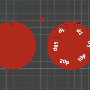 May include: Red circular tag with a hole, a small red circle, and a red circle with white text indicating British coin denominations: 1p, 2p, 5p, 10p, 20p, and 50p. The background is a dark grey grid.