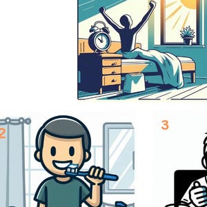 May include: A cartoon illustration showing a morning routine. The image depicts a person waking up, brushing teeth, eating breakfast, and getting ready. The text "Morning Routine" is at the top.
