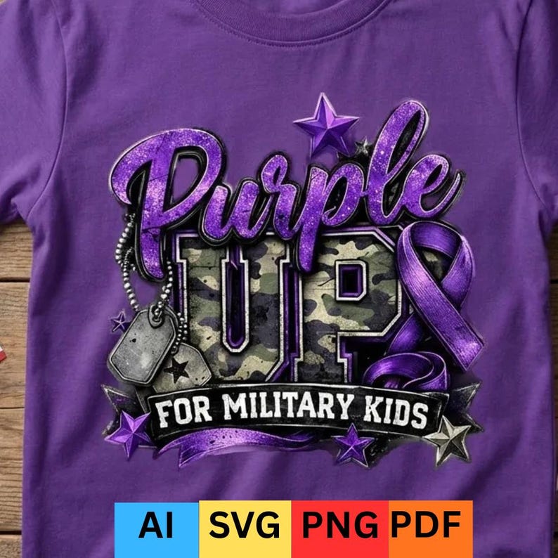 May include: Purple t-shirt featuring a graphic design. The design includes the words "Purple Up" in a purple, stylized font, with the word "UP" in a camouflage pattern. The text "FOR MILITARY KIDS" is below. Includes dog tags and a purple ribbon.