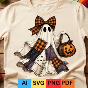 Fantasma de patchwork PNG SVG, Fantasma coqueto de Halloween PNG, Fantasma floral de otoño con linterna, Sublimación de Halloween estilo cottagecore, Temporada espeluznante PNG