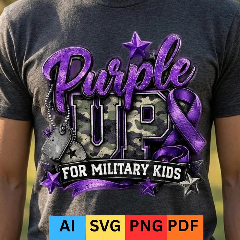 May include: Dark grey t-shirt featuring a purple graphic with the words "Purple Up" and a camouflage pattern. The design includes stars, a ribbon, and dog tags. The text "For Military Kids" is below the main text.